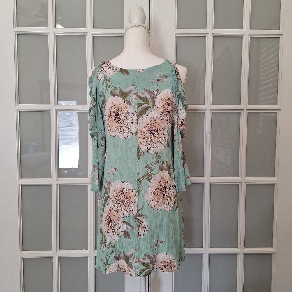 Blu Heaven Mint Green Floral Ruffle Cold-Shoulder Dress - Picture 5 of 14